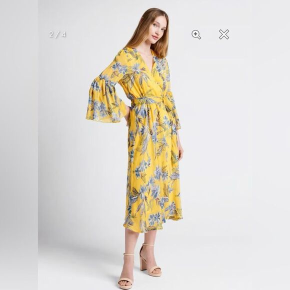 Modcloth Flurry of Florals Midi Dress Tie Faux Wrap Yellow Floral 1X NWT - Picture 1 of 13